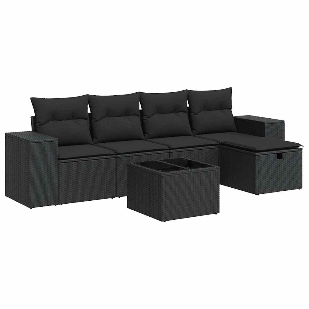 Salon de jardin 6 pcs avec coussins noir résine tressée