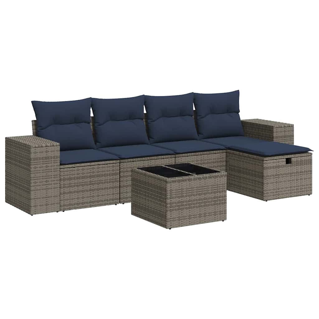 Salon de jardin 6 pcs avec coussins gris résine tressée