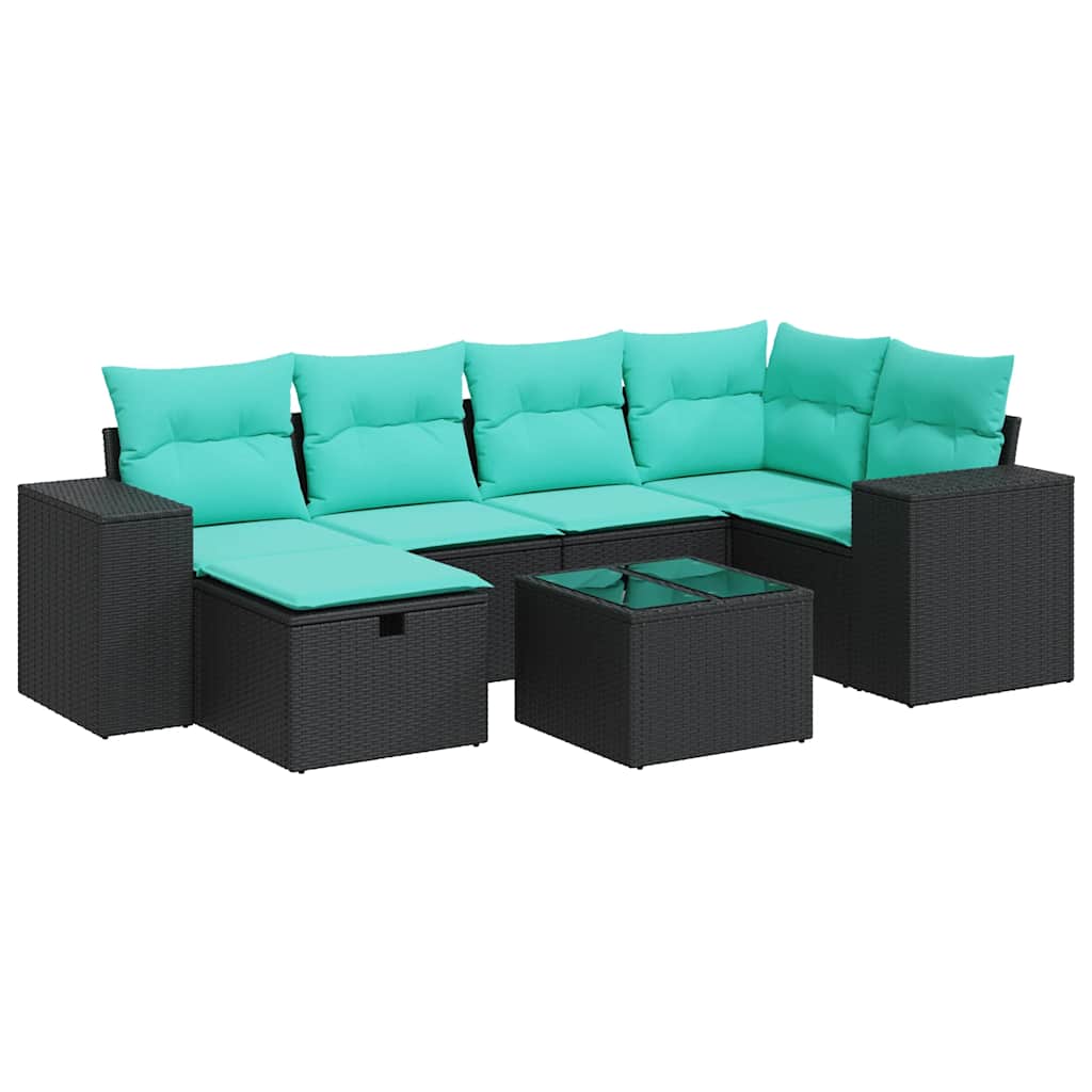Salon de jardin 7 pcs avec coussins noir résine tressée