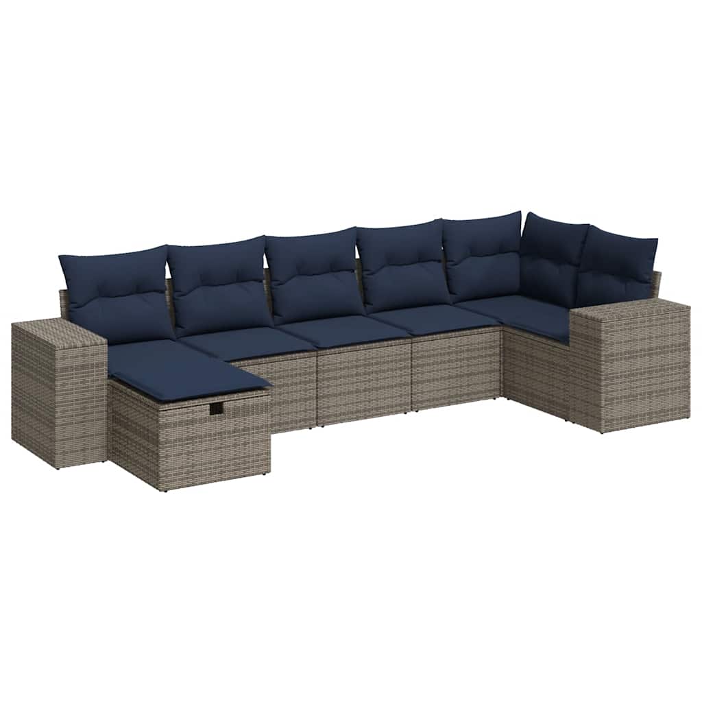 Salon de jardin avec coussins 7 pcs gris résine tressée