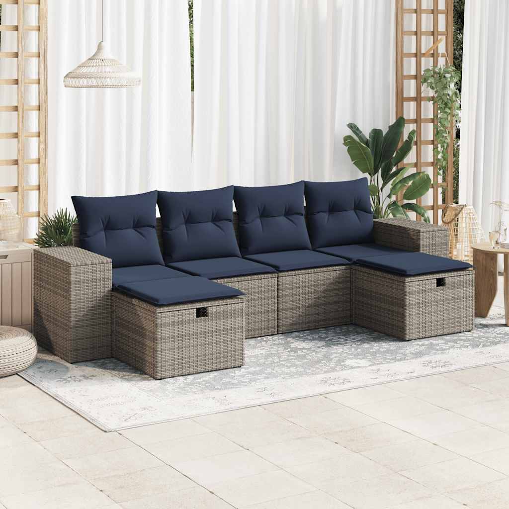 Salon de jardin 6 pcs avec coussins gris résine tressée