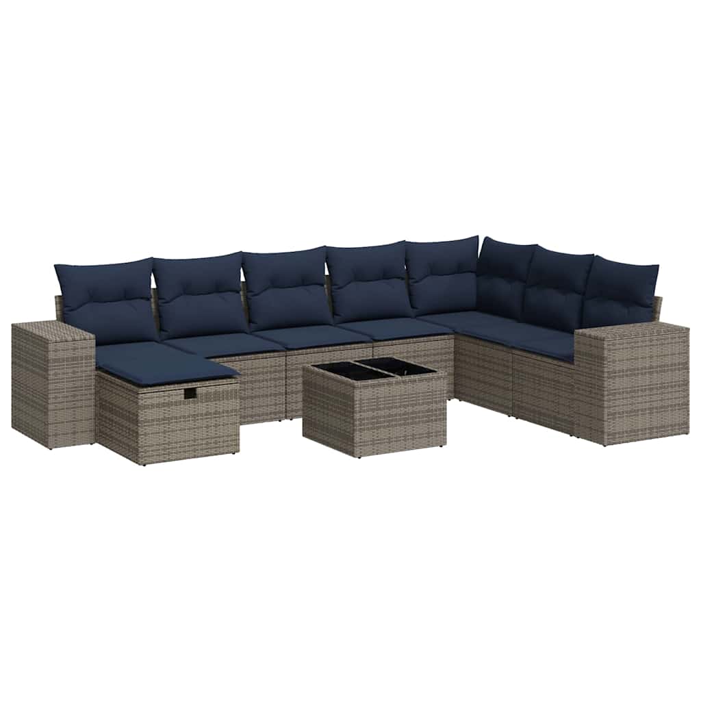 Salon de jardin 9 pcs avec coussins gris résine tressée