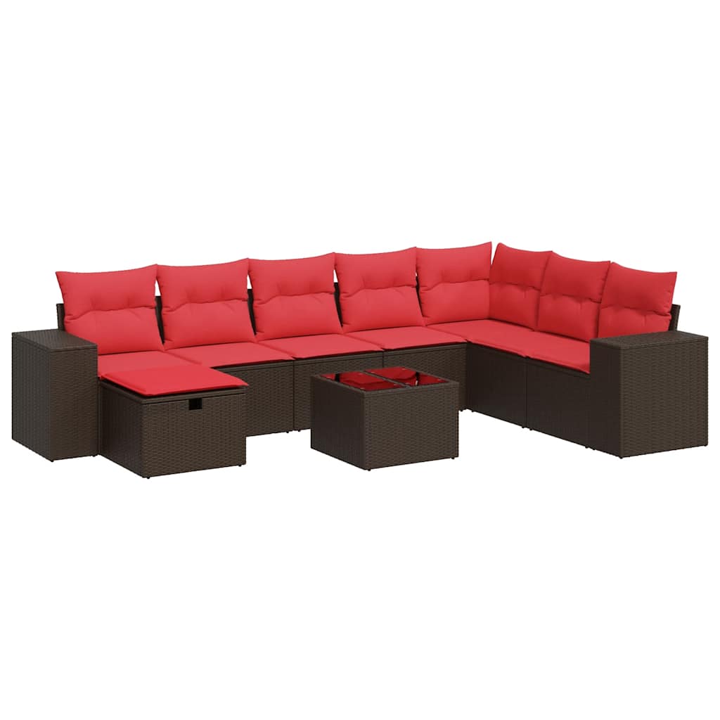 Salon de jardin avec coussins 9 pcs marron résine tressée