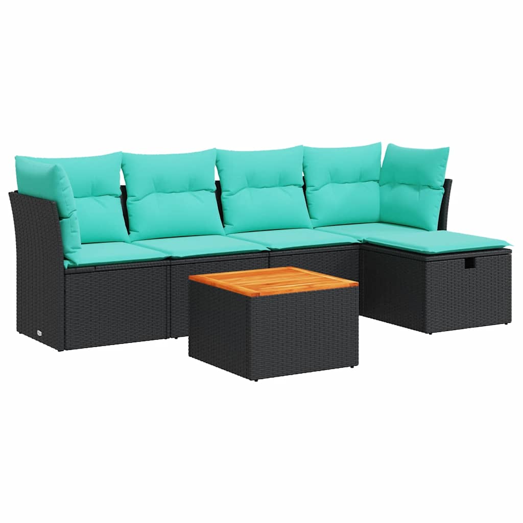 Salon de jardin 6 pcs avec coussins noir résine tressée