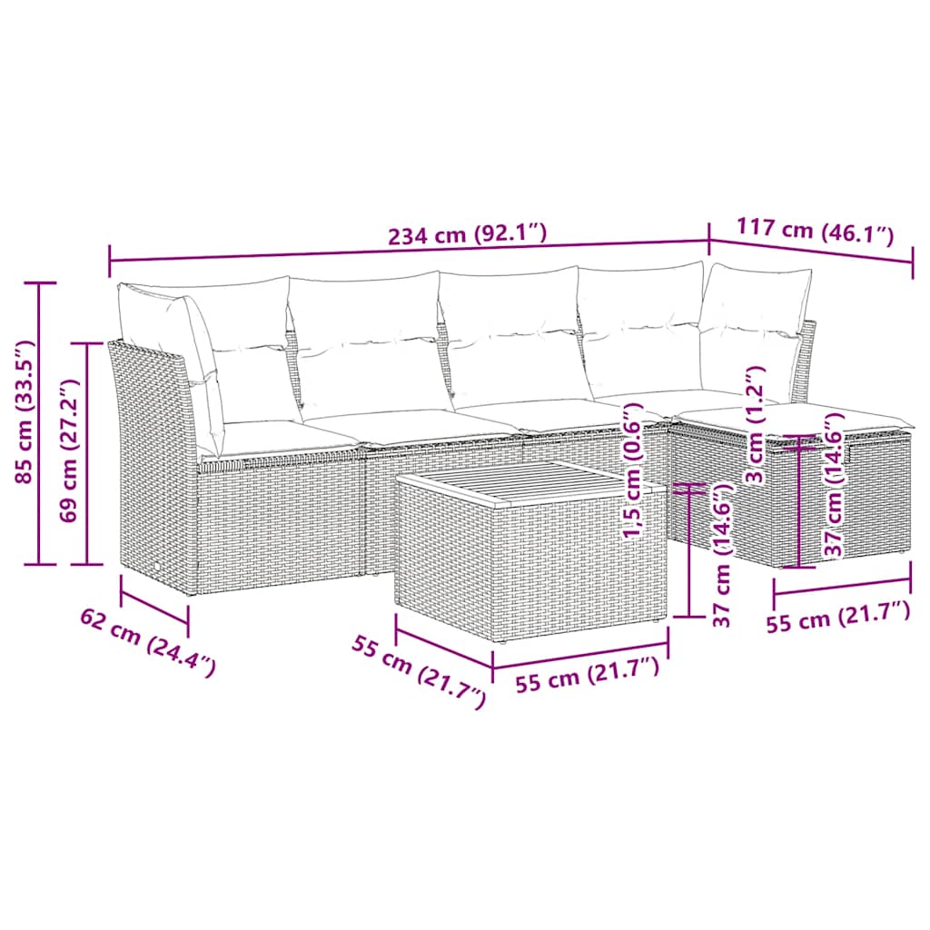 Salon de jardin 6 pcs avec coussins gris résine tressée