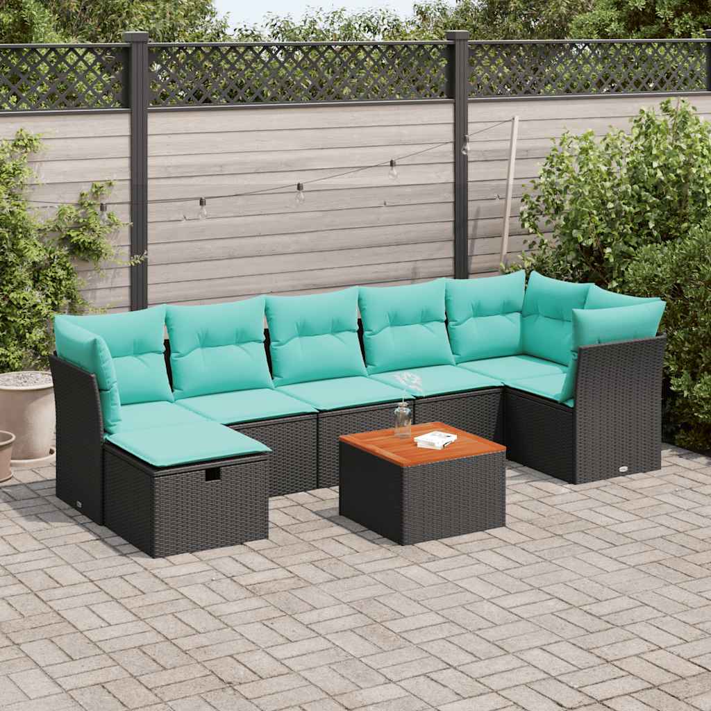 Salon de jardin 8 pcs avec coussins noir résine tressée