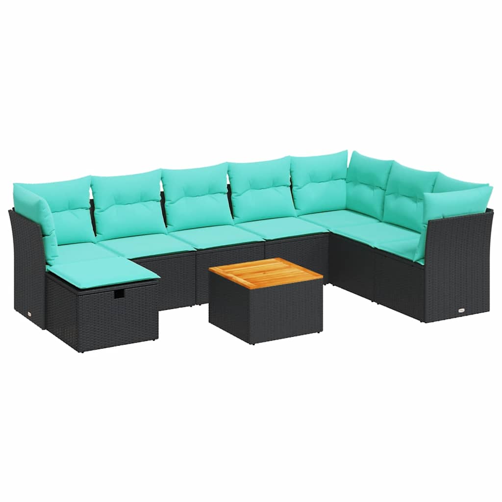 Salon de jardin 9 pcs avec coussins noir résine tressée
