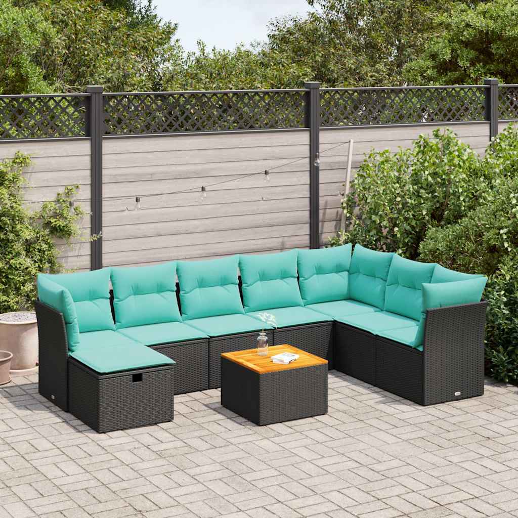 Salon de jardin 9 pcs avec coussins noir résine tressée