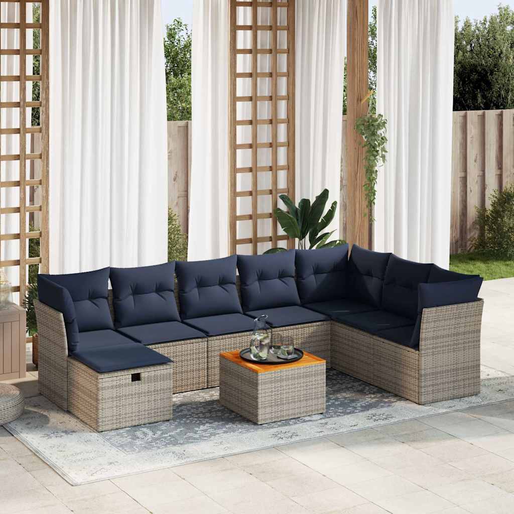 Salon de jardin 9 pcs avec coussins gris résine tressée