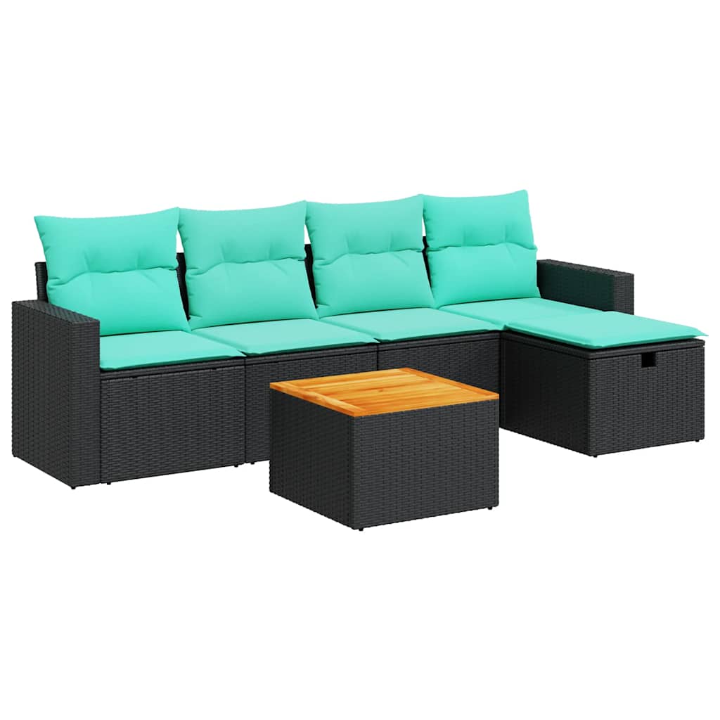 Salon de jardin 6 pcs avec coussins noir résine tressée