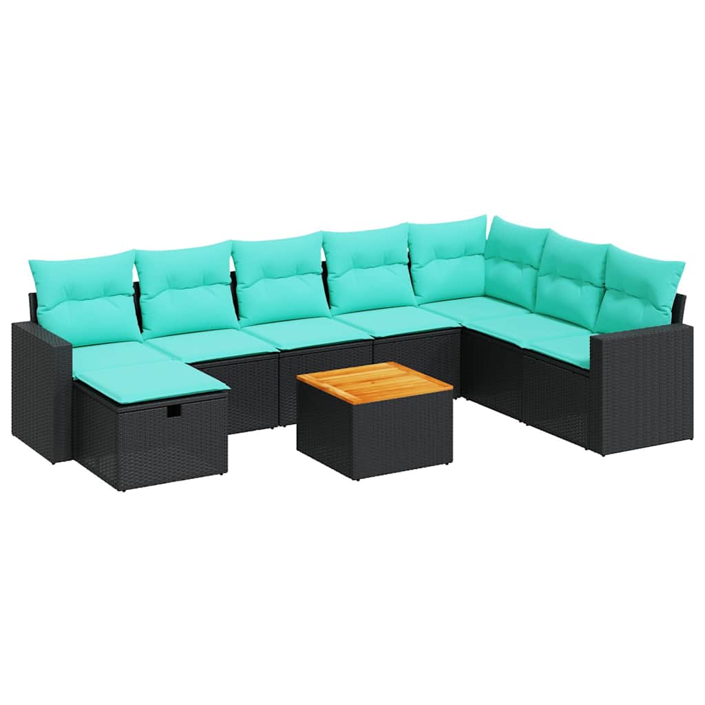 Salon de jardin 9 pcs avec coussins noir résine tressée