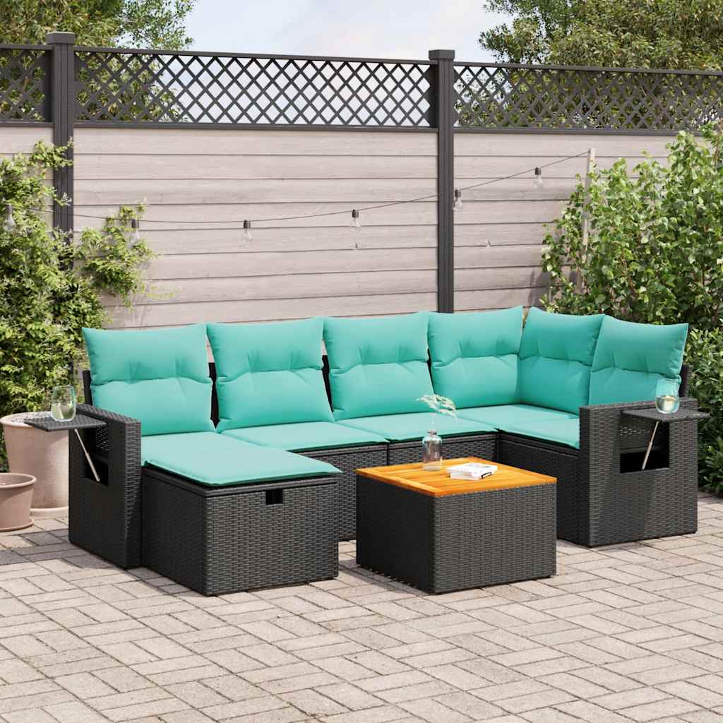 Salon de jardin 7 pcs avec coussins noir résine tressée