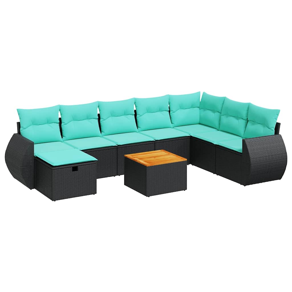 Salon de jardin 9 pcs avec coussins noir résine tressée
