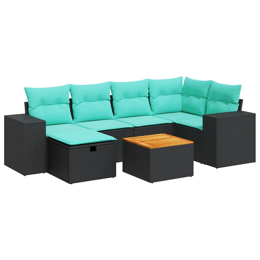 Salon de jardin 7 pcs avec coussins noir résine tressée