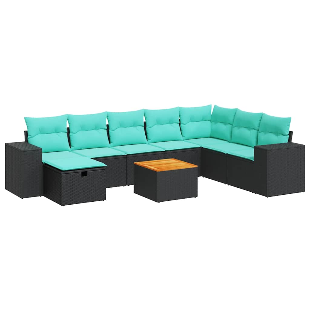 Salon de jardin 9 pcs avec coussins noir résine tressée