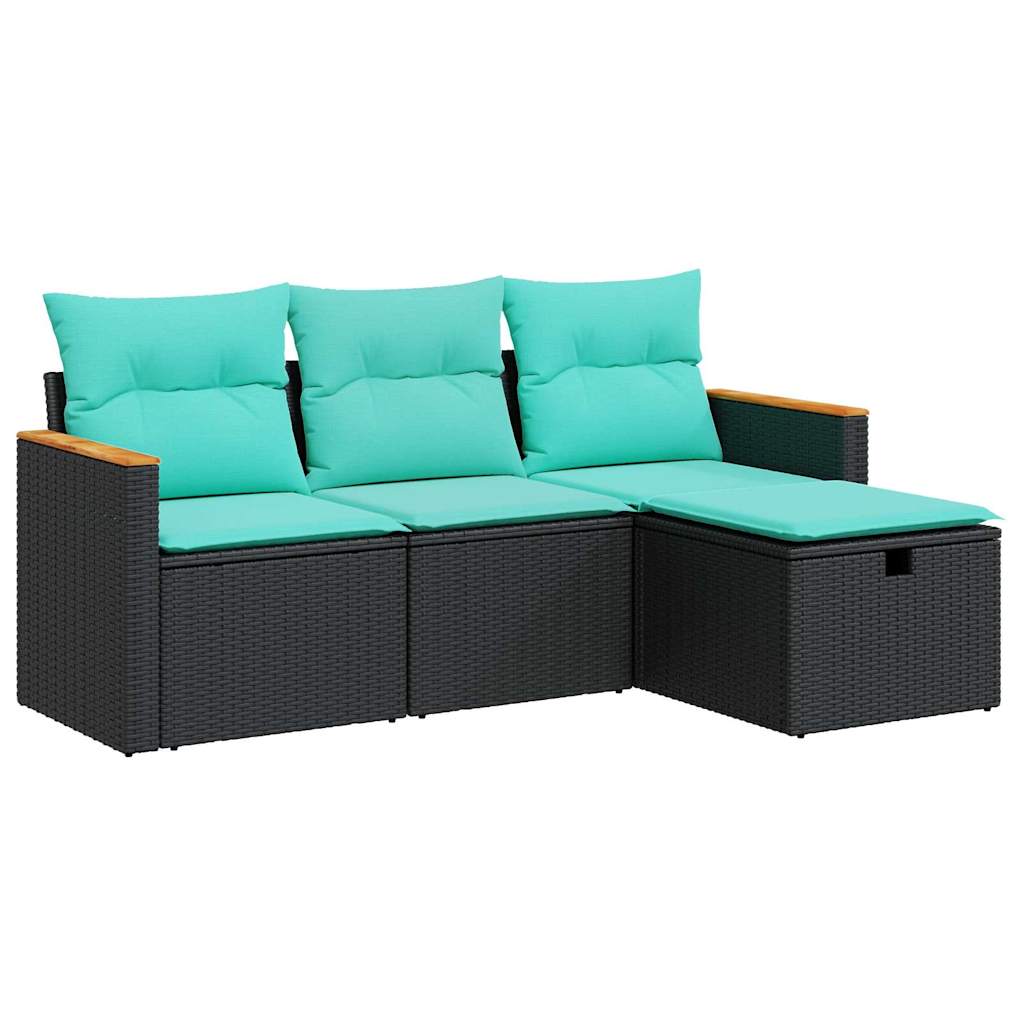 Salon de jardin 4 pcs avec coussins noir résine tressée