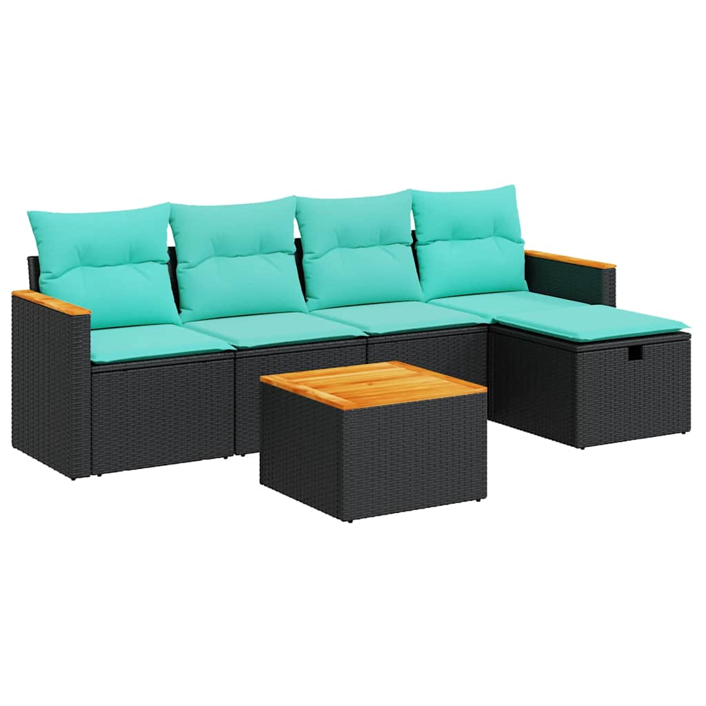 Salon de jardin 6 pcs avec coussins noir résine tressée