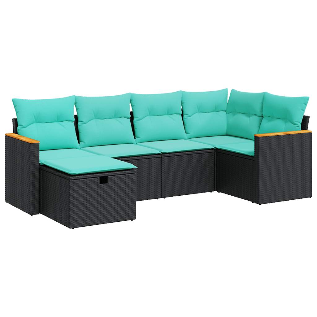 Salon de jardin 6 pcs avec coussins noir résine tressée