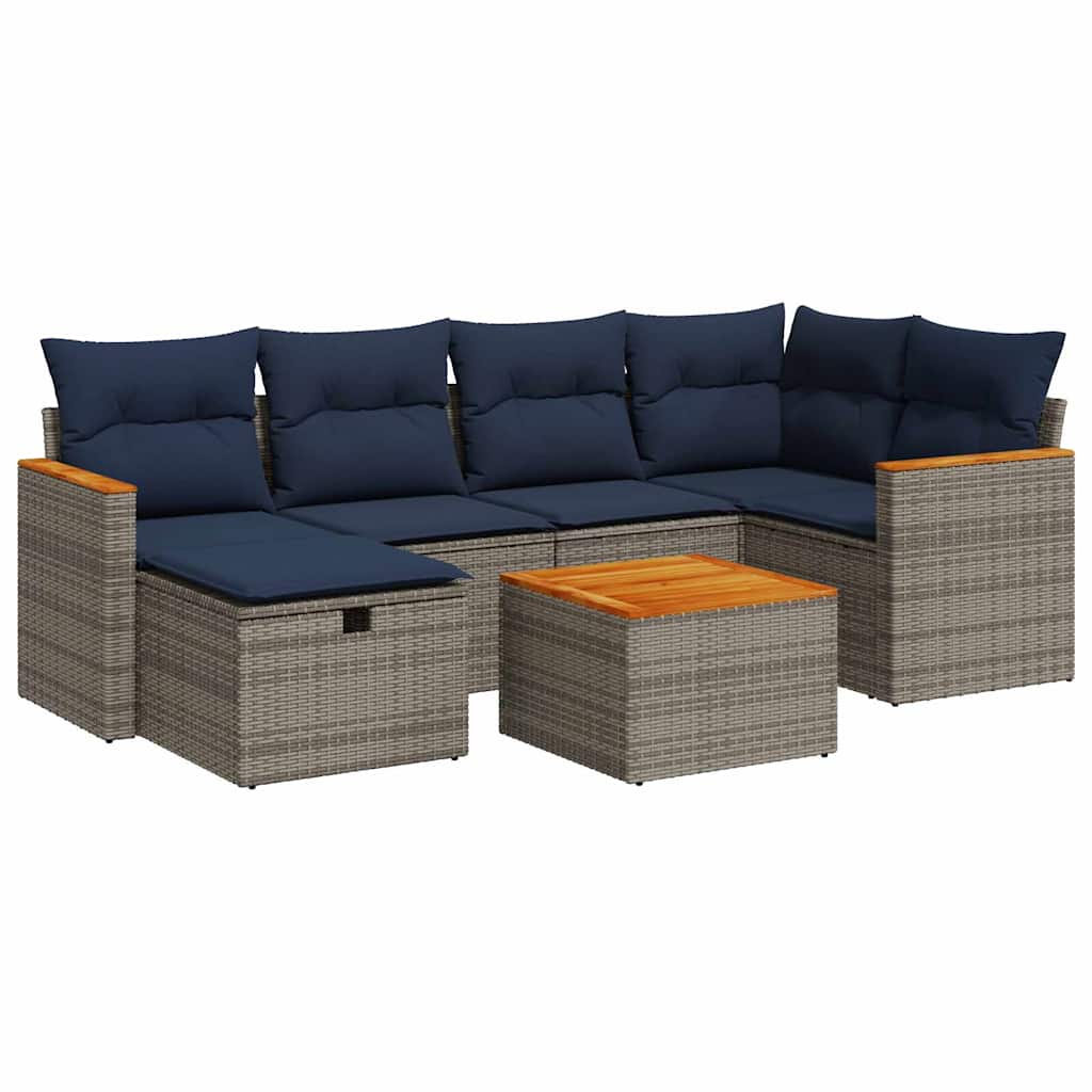Salon de jardin avec coussins 7 pcs gris résine tressée