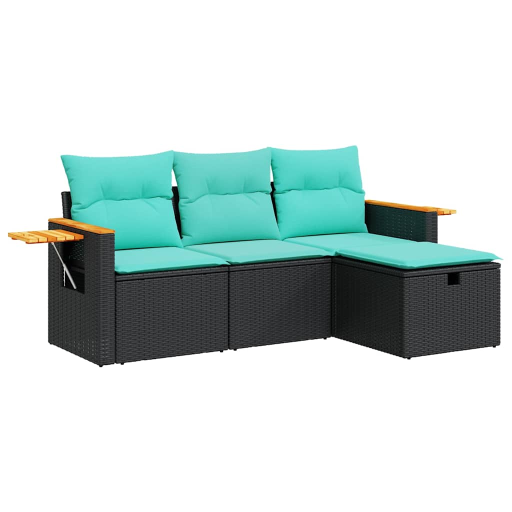 Salon de jardin 4 pcs avec coussins noir résine tressée