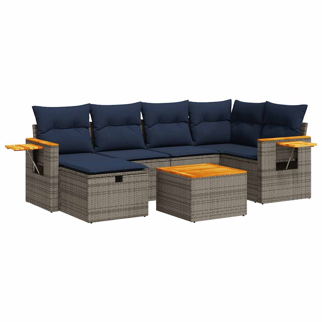 Salon de jardin avec coussins 7 pcs gris résine tressée