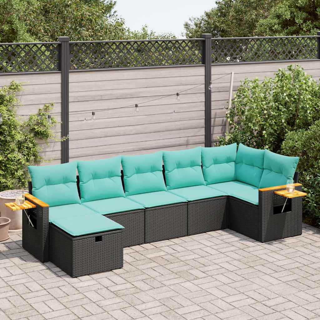 Salon de jardin 7 pcs avec coussins noir résine tressée
