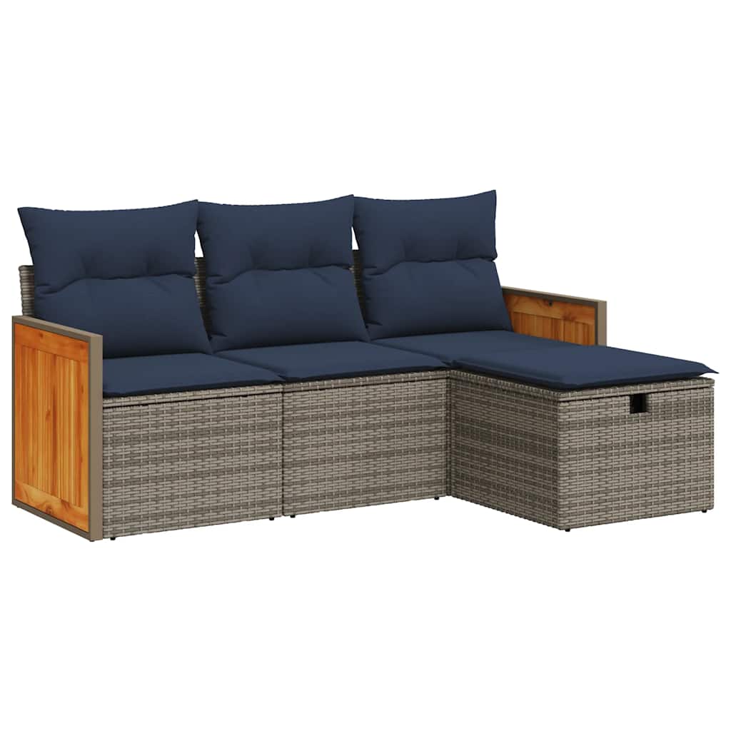 Salon de jardin 4 pcs avec coussins gris résine tressée