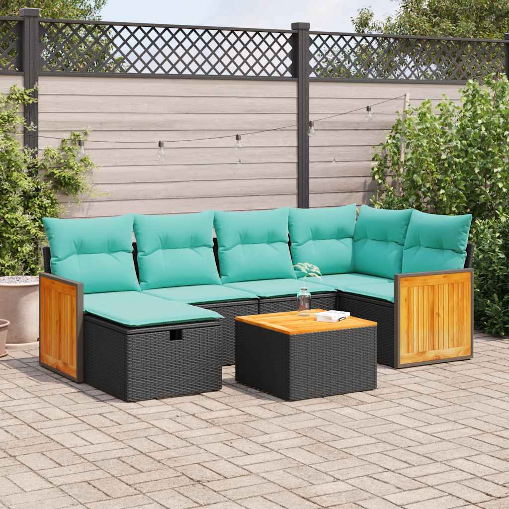 Salon de jardin 7 pcs avec coussins noir résine tressée