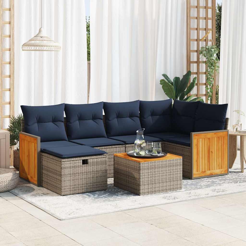 Salon de jardin avec coussins 7 pcs gris résine tressée