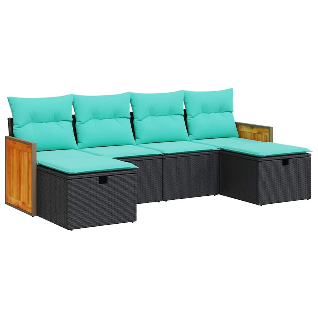 Salon de jardin 6 pcs avec coussins noir résine tressée