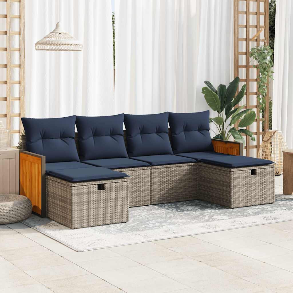 Salon de jardin 6 pcs avec coussins gris résine tressée