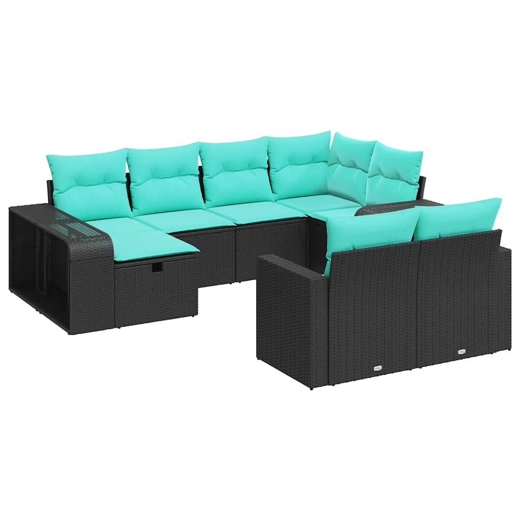 Salon de jardin 10 pcs avec coussins noir résine tressée