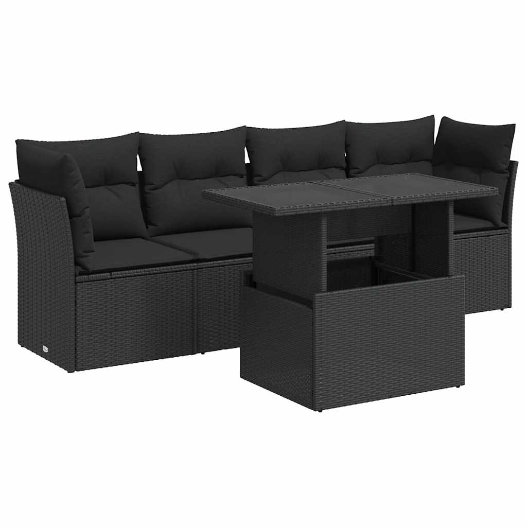 Salon de jardin 5 pcs avec coussins noir résine tressée