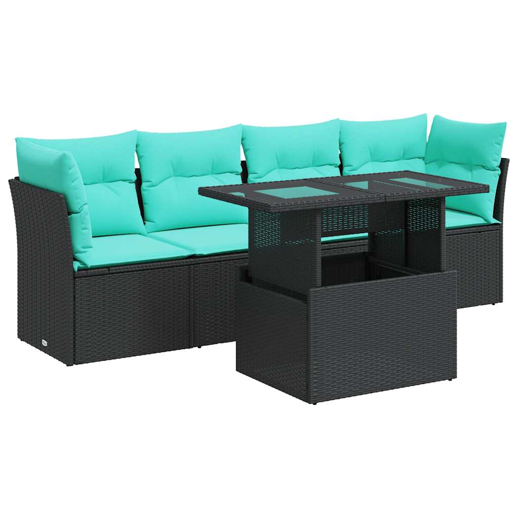 Salon de jardin 5 pcs avec coussins noir résine tressée acacia