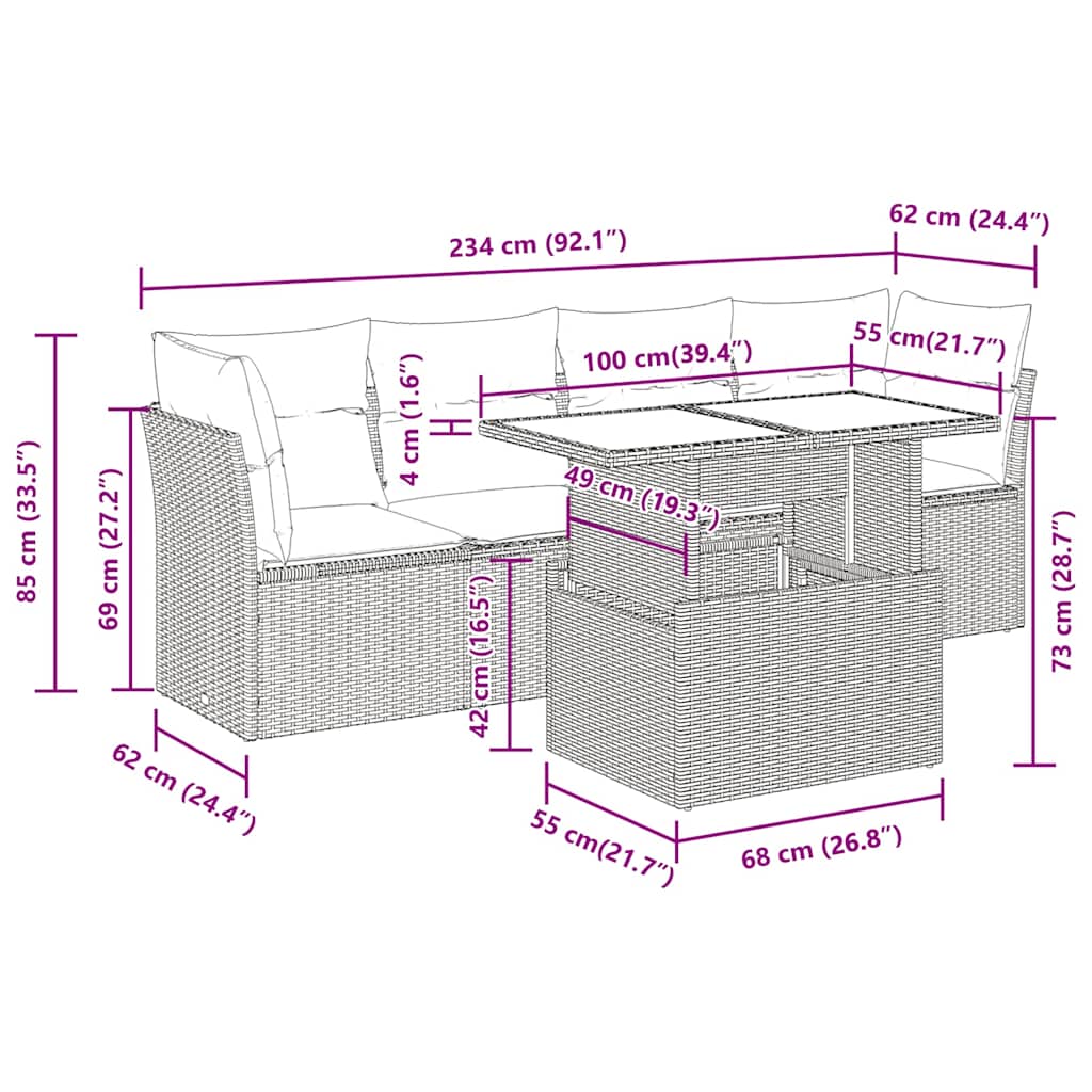 Salon de jardin 5 pcs avec coussins gris résine tressée