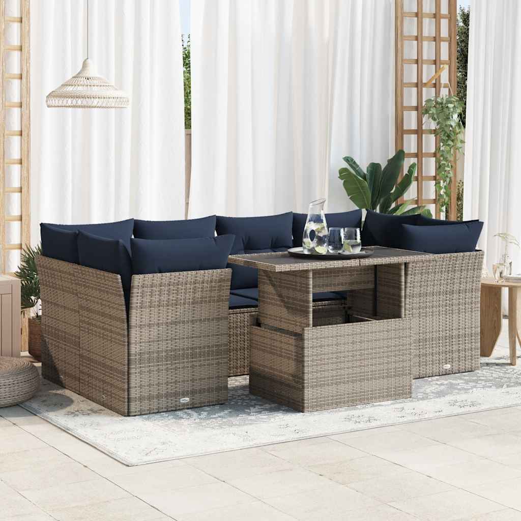 Salon de jardin avec coussins 7 pcs gris résine tressée acacia