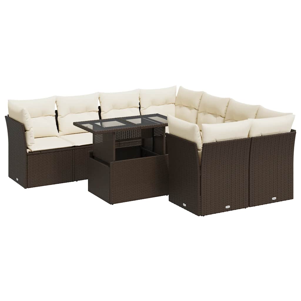 Salon de jardin avec coussins 9 pcs marron résine tressée