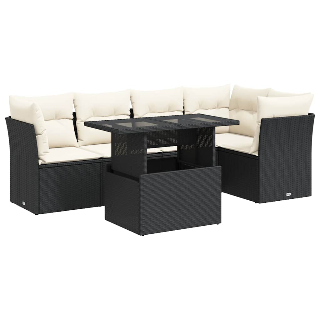 Salon de jardin 6 pcs avec coussins noir résine tressée