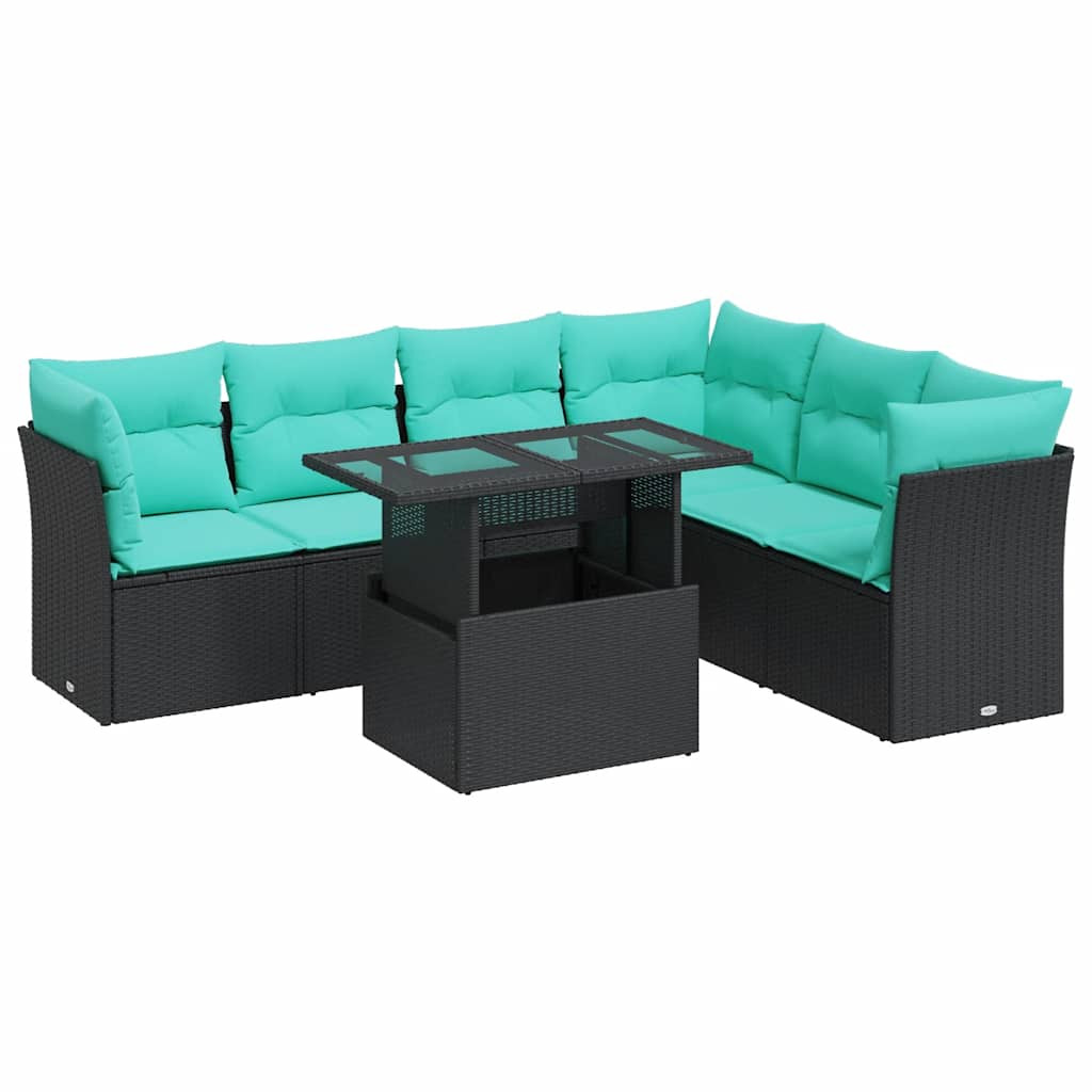 Salon de jardin avec coussins 7pcs noir résine tressée acacia