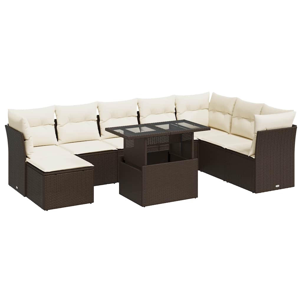 Salon de jardin avec coussins 9 pcs marron résine tressée