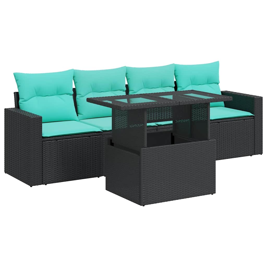 Salon de jardin 5 pcs avec coussins noir résine tressée acacia