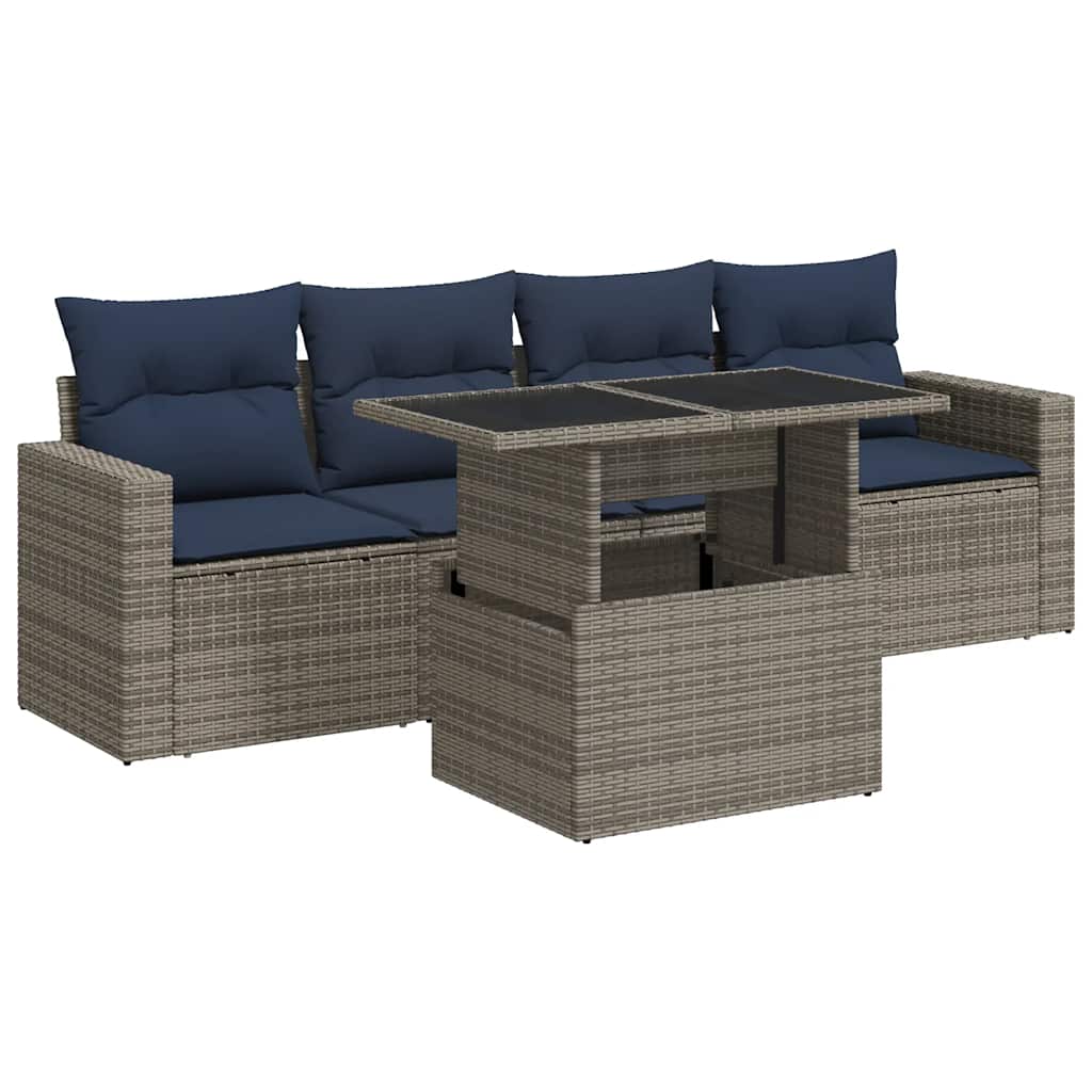 Salon de jardin 5 pcs avec coussins gris résine tressée acacia