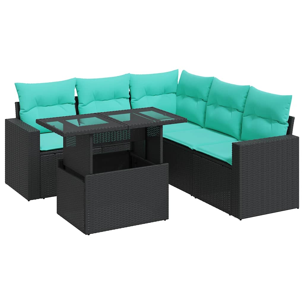 Salon de jardin 6 pcs avec coussins noir résine tressée acacia