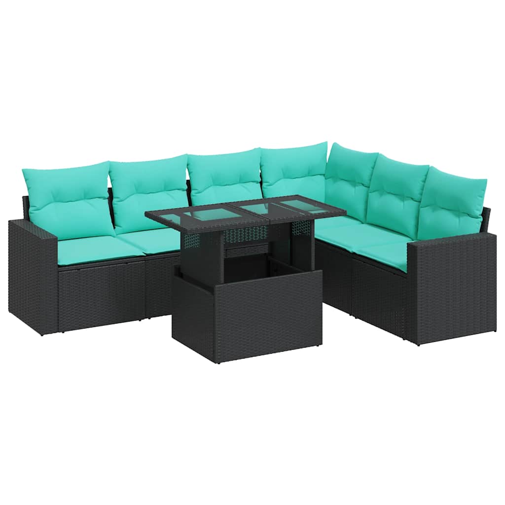 Salon de jardin avec coussins 7pcs noir résine tressée acacia