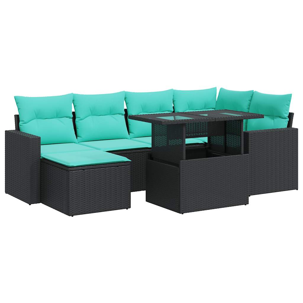 Salon de jardin avec coussins 7 pcs noir résine tressée acacia