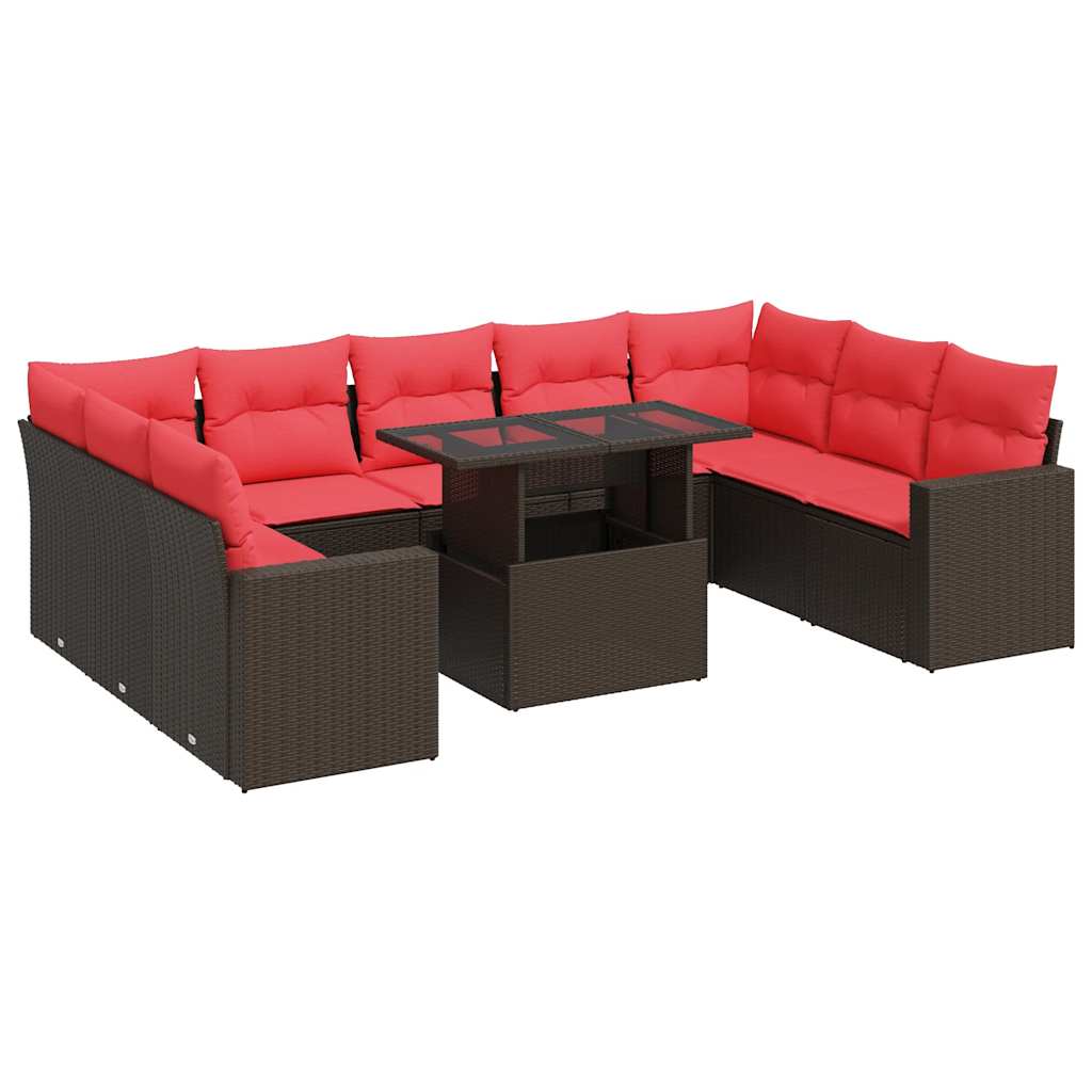 Salon de jardin 10 pcs et coussins marron résine tressée acacia