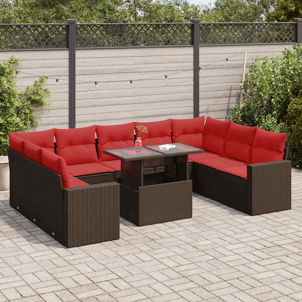 Salon de jardin 10 pcs et coussins marron résine tressée acacia