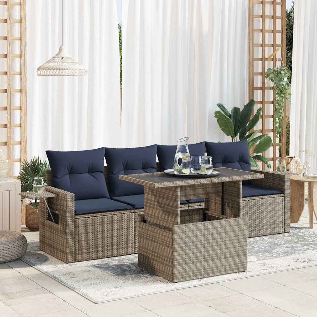 Salon de jardin 5 pcs avec coussins gris résine tressée