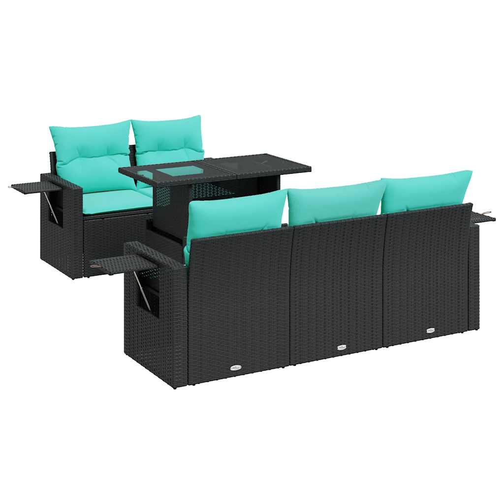 Salon de jardin avec coussins 6pcs noir résine tressée acacia