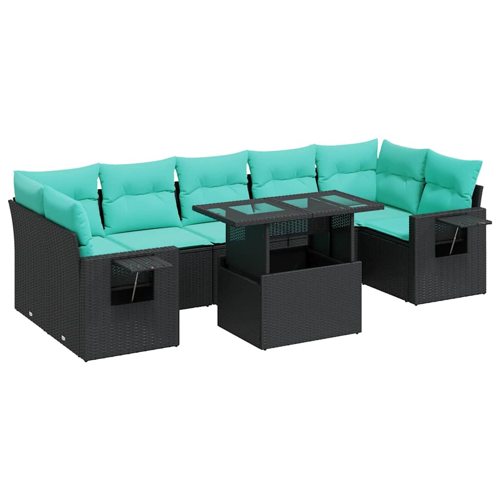 Salon de jardin 8pcs avec coussins noir résine tressée acacia